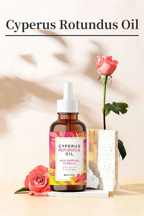 Bottle of Cyperus Rotundus Oil with flowers on a light background