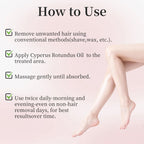 Instructions on how to use Cyperus Rotundus Oil for hair removal with a blurred background.