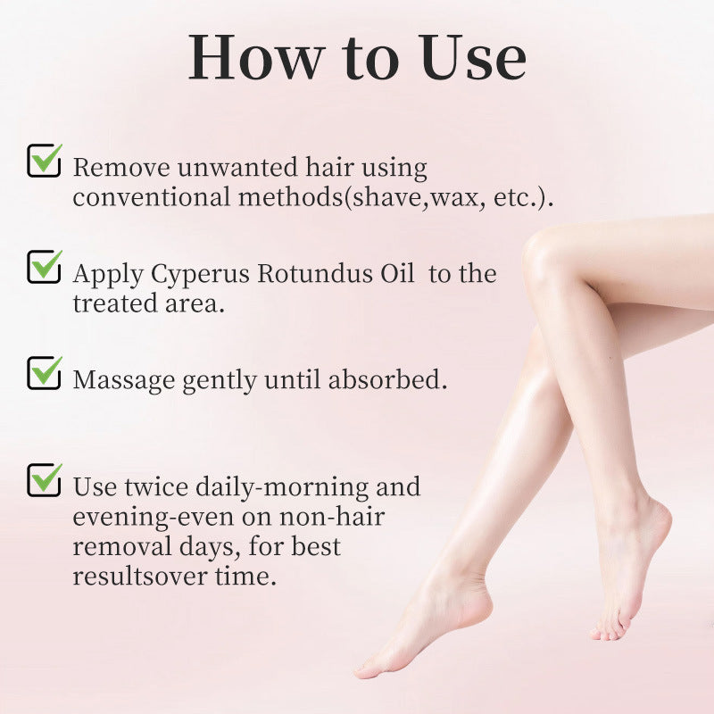 Instructions on how to use Cyperus Rotundus Oil for hair removal with a blurred background.