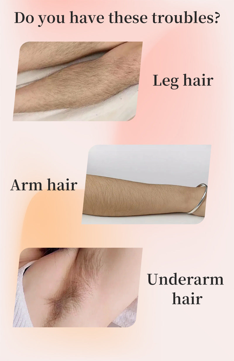 Illustration of leg, arm, and underarm hair with text asking if you have these troubles on a pink background.