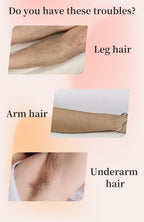 Illustration of leg, arm, and underarm hair with text asking if you have these troubles on a pink background.