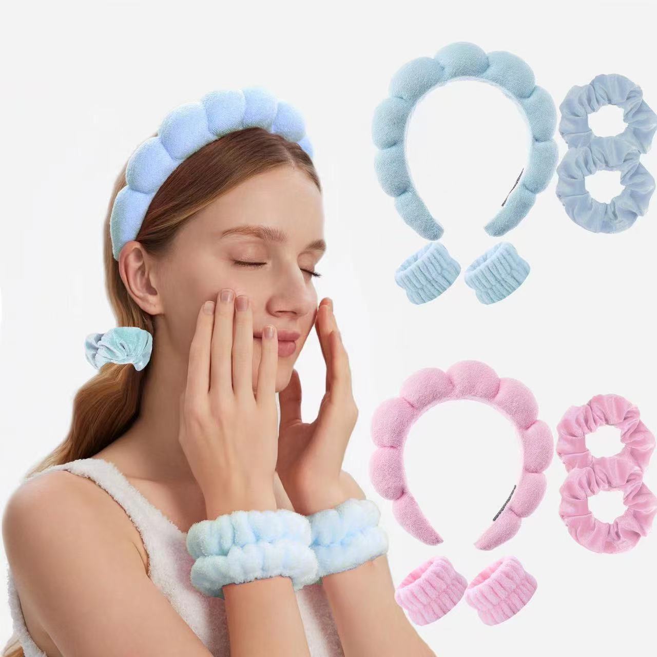 A woman applying cream with blue and pink headbands and scrunchies displayed around her. Morning Within