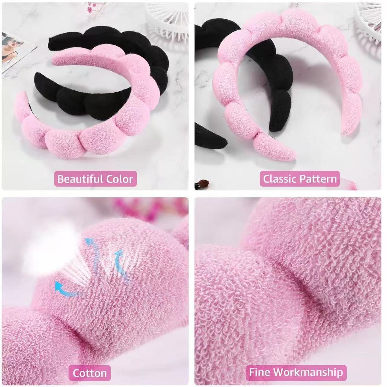 Collage of pink and black headbands with close-up details on a white background. Morning Within
