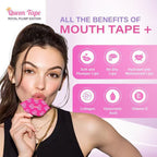 Woman using mouth tape with product benefits displayed on a pink background - Morning Within