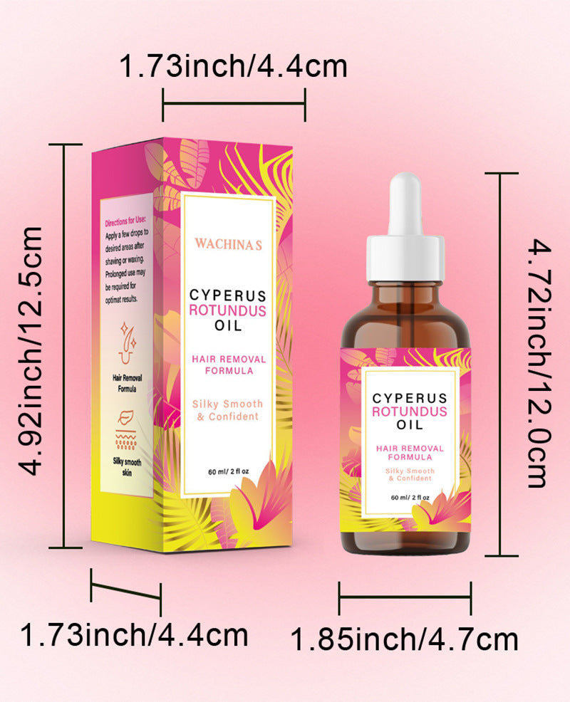 Wachinas Cyperus Rotundus oil packaging and bottle with dimensions on a pink background