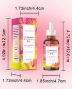 Wachinas Cyperus Rotundus oil packaging and bottle with dimensions on a pink background