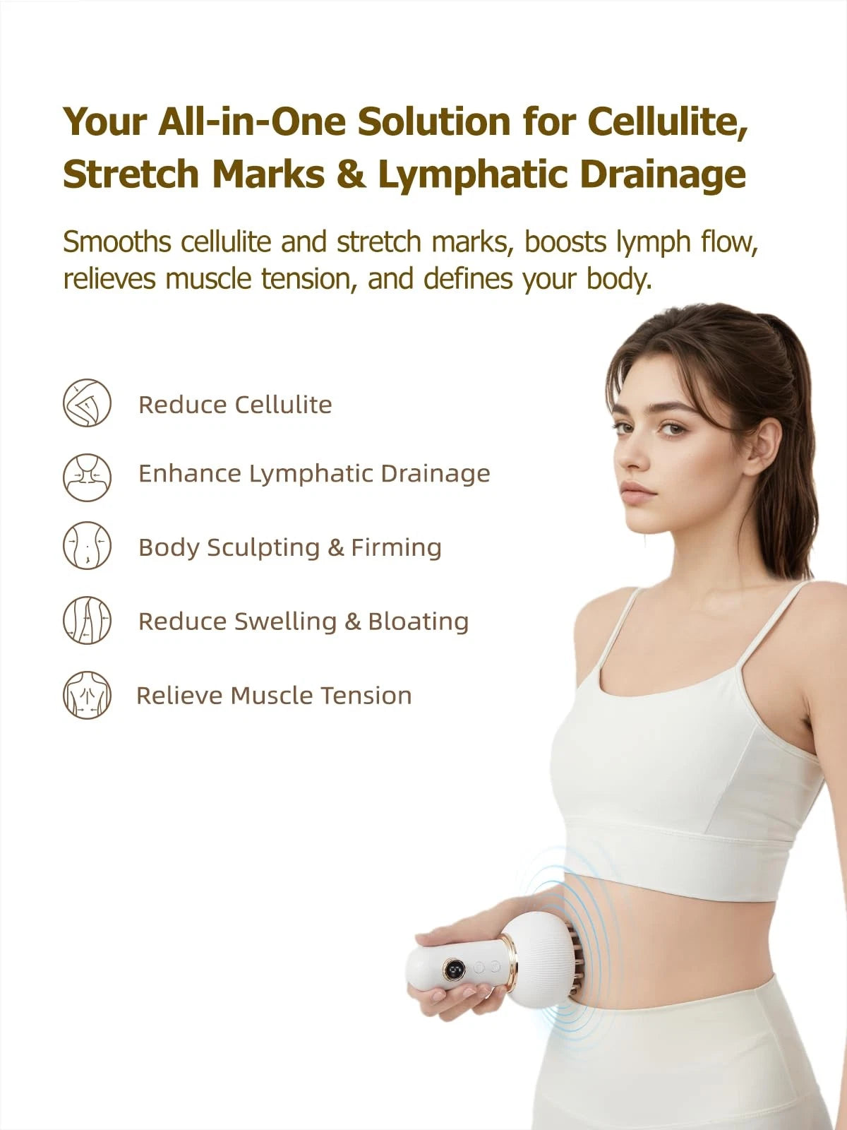 A woman using a device for cellulite reduction with product features listed. Morning Within