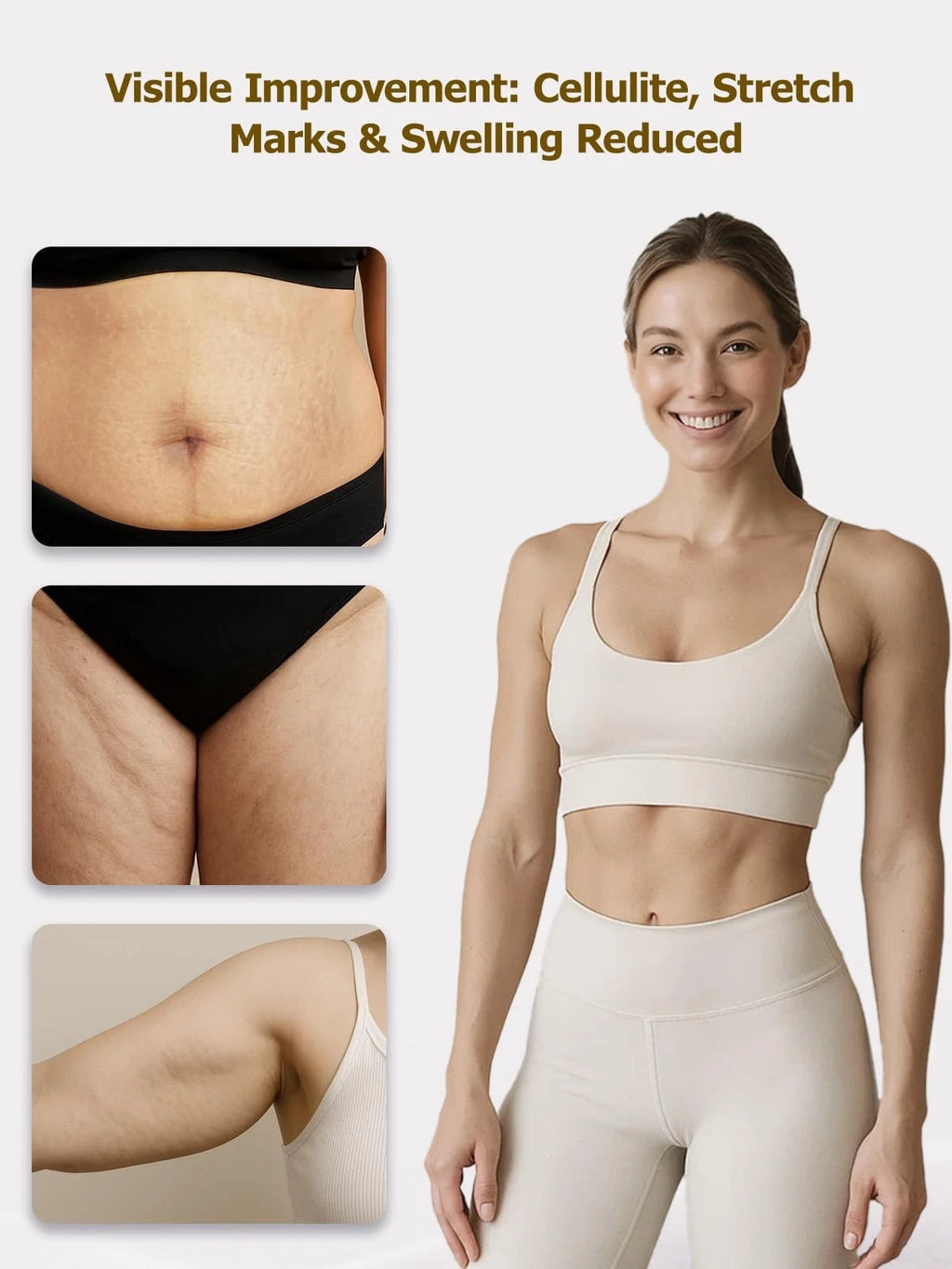 Woman in athletic wear with before and after images showing visible improvement in cellulite, stretch marks, and swelling. Morning Within