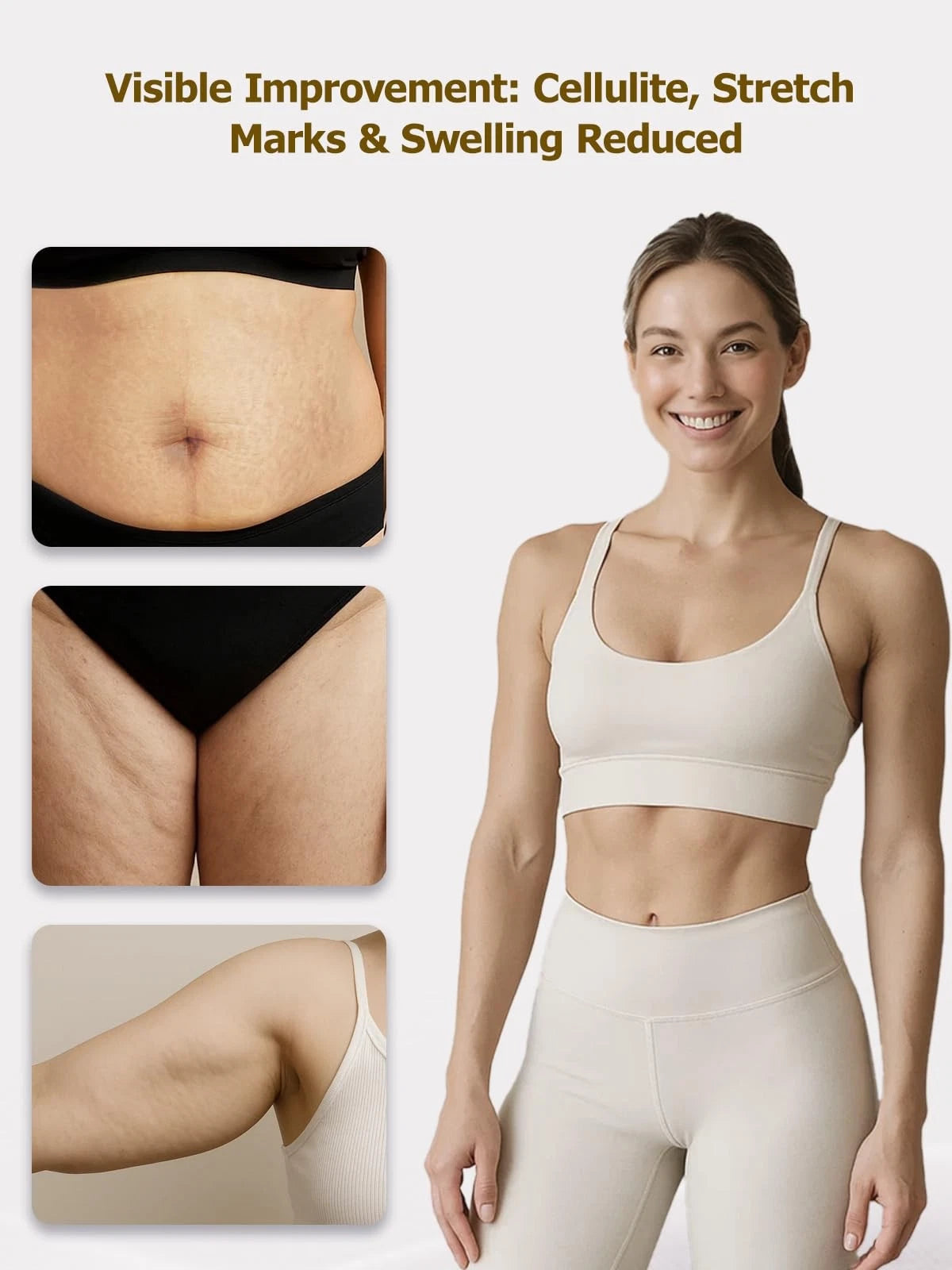Woman in athletic wear with before and after images showing visible improvement in cellulite, stretch marks, and swelling. Morning Within